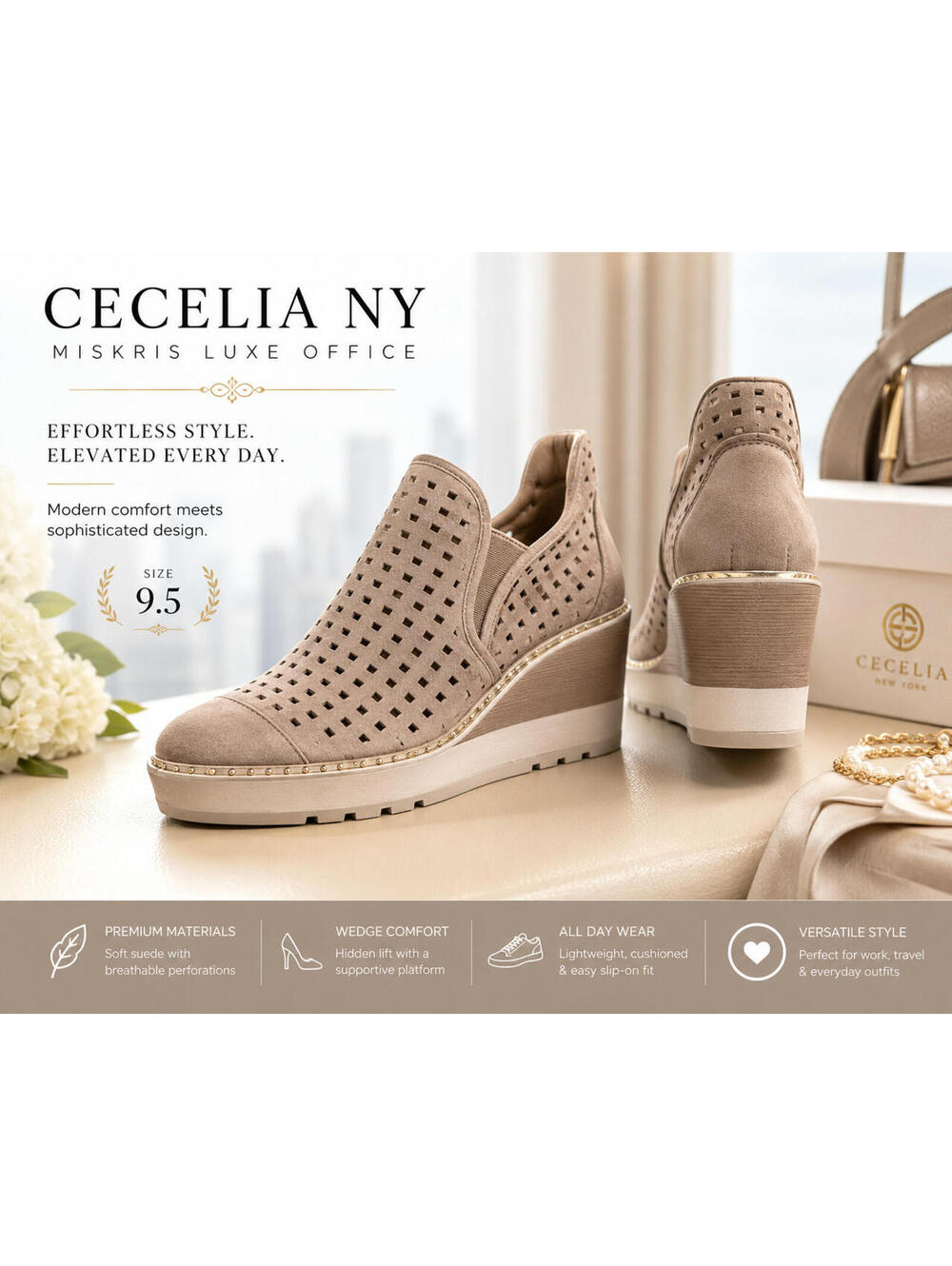 Cecelia NY Georgie Taupe Perforated Wedge Sneakers Women’s Size 9.5 Platform Sho